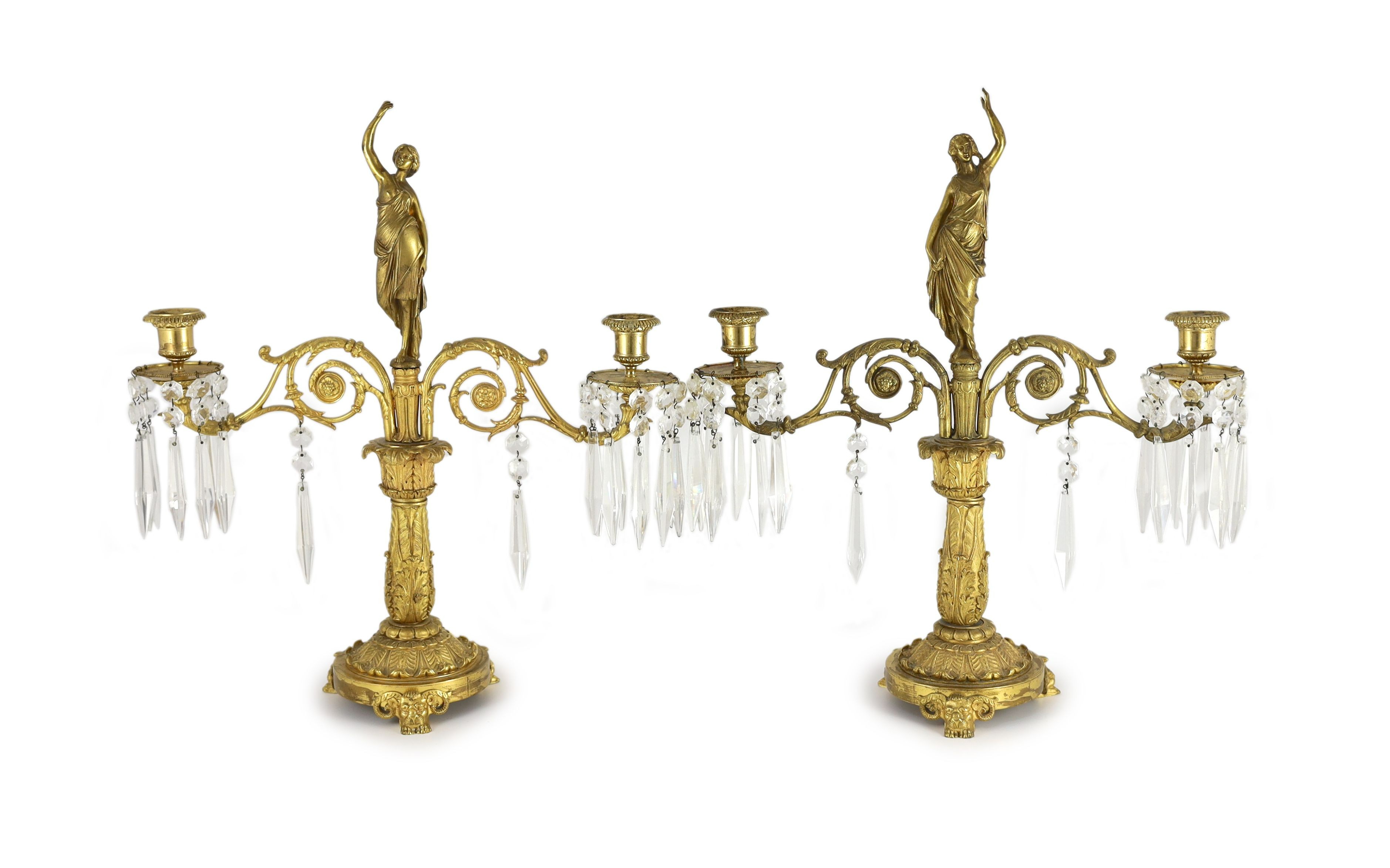 A pair of 19th century Grecian revival ormolu two lights candelabra, 39cm wide depth 13cm 44cm high